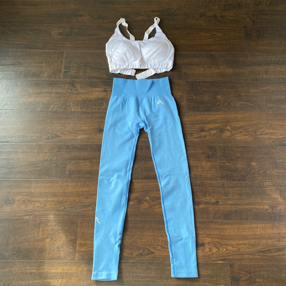 Oner active blue leggings and gymshark white sports bra. Size S.